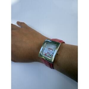 Santa Clause Quartz Women's Square Watch Silver Dial Red Leather Strap